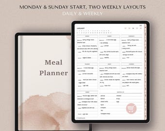 Könnte beinhalten: Ein digitaler Essensplaner auf einem Tablet-Bildschirm. Der Planer hat ein wöchentliches Layout mit Abschnitten für Frühstück, Mittagessen, Abendessen und Snacks. Der Planer enthält auch einen Abschnitt für eine Einkaufsliste. Der Planer soll Menschen helfen, ihre Mahlzeiten zu planen und organisiert zu bleiben.
