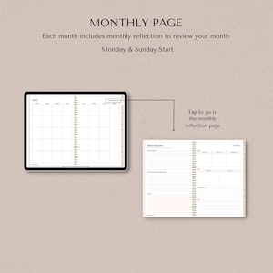 May include: A monthly planner with a calendar spread and a reflection page. The calendar starts on Monday and includes a section for monthly reflection. The text "Tap to go to the monthly reflection page" is visible.