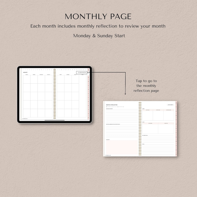 May include: A monthly planner with a calendar spread and a reflection page. The calendar starts on Monday and includes a section for monthly reflection. The text "Tap to go to the monthly reflection page" is visible.