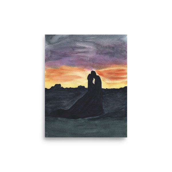 A Sunset Kiss. A print from my own original watercolour painting. A couple silhouetted against a brightly coloured sky, with a punky feel.