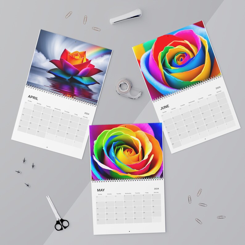 Rainbow Roses Calendar, Calendar 2024, Christmas Gift, Wall Calendar