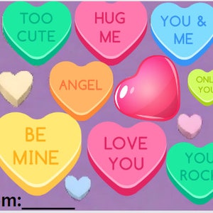Biglietto di auguri Conversation Hearts, biglietto di San Valentino, cartolina digitale, biglietto di San Valentino per adulti, biglietto di San Valentino per bambini, file PNG.