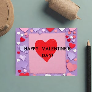 Paper Hearts Valentine's Day Postcard, Valentine's Day Printable Postcard, Postcard for Adults, Postcard for kids, PNG, Instant Download.