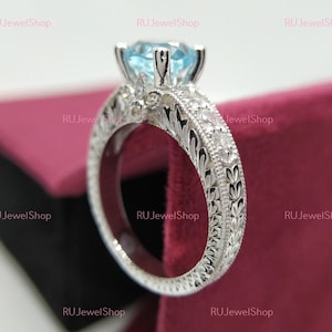 Art Deco Aquamarine Ring, Vintage 2Ct Aquamarine Round Engagement Ring In Solid 14k White Gold, Edwardian Ring, Filigree Ring, Antique Ring