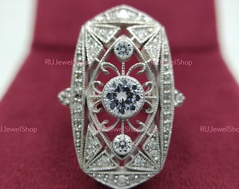 Antique filigree 2cts diamond engagement ring, vintage ring in 925 silver, long finger ring, estate ring, antique jewelry ring for women