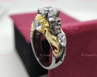 Skull Engagement Ring, Flower Engagement Ring, Vintage Gothic Engagement Ring Alternative Engagement Ring Two Skull Ring Gothic Promise Ring