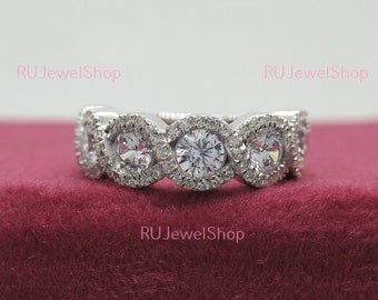 Round Diamond Wedding Band, Half Eternity Wedding Ring, Halo Bridal Wedding Ring 14K White Gold, Round Diamond Ring, Anniversary Gift Ring
