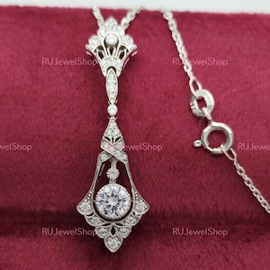 Art Deco Vintage Pendant, Antique Pendant Necklace, Round Moissanite Edwardian Pendant, Art Deco Pendant Necklace, Antique Wedding Pendant