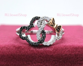 Zweifarbige Mickey Mouse & Minnie Mouse Ringe, 1.00 Cts Diamant und Onyx Interlocking Ring In 14K Weißgold, Mickey Rings, Jubiläumsgeschenke