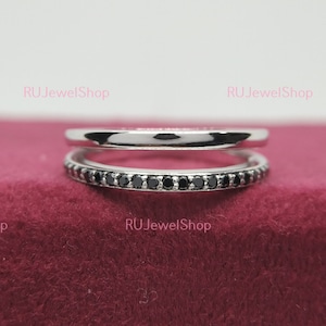 Black Onyx Wedding Band Round Cut Black Diamond Engagement Ring 14K White Gold Stacking Band, Bridal Wedding Ring, Round Diamond Dainty Band