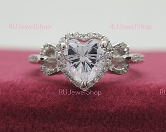 1.00 Ct Heart Shaped Diamond Halo Engagement Ring Solid 14K Gold Heart Moissanite Solitaire Ring Unique Promise Ring Anniversary Ring