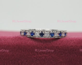 Anniversary Band Blue Sapphire Moissanite Wedding Band Shared Prong Half Eternity Stacking Matching Bands 14K White Gold Best Christmas Gift