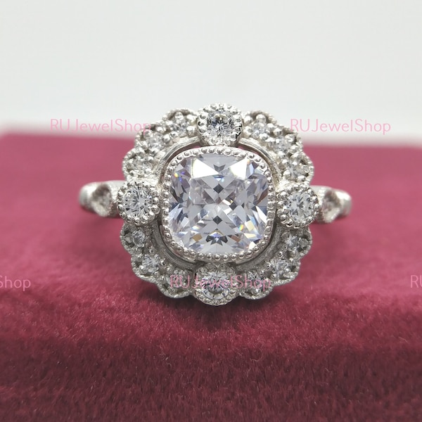 Bague de fiançailles vintage diamant taille coussin 2,00 ct, bague de fiançailles Halo Moissanite coussin sertie clos Art déco or blanc massif 14 carats