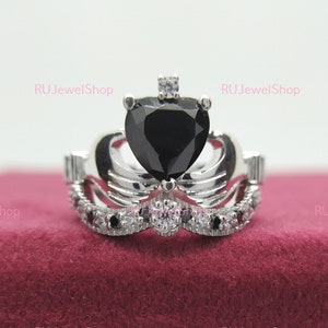 Anillo de compromiso irlandés de dos piezas con forma de corazón de ónix Claddagh, anillo de promesa irlandesa, corazón de moissanita, anillo de compromiso de oro macizo de 14 quilates