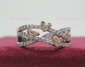 Two Tone Enchanted Disney Mickey Mouse Crisscross Ring in 14K White Gold, Wedding Ring, Mickey Mouse Outline Ring, Valentine Gifts For Her