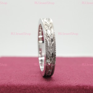 Filigree Milgrain Edge Floral Design Wedding Ring, Anniversary Band, Retro Vintage Ring, 10K/14K/18K White Gold Wedding Band, Art Deco Band