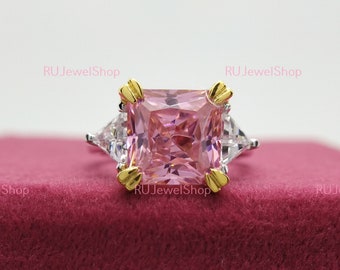 Anillo de compromiso de diamantes rosas Asscher Fancy de 4,50 ct, anillo de zafiro rosa Asscher, anillo de diamantes Asscher clásico con talla billón de piedra lateral
