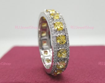 4.64 Cts Yellow Cushion & Diamond Eternity Band Full Eternity Wedding Band Engagement Ring Stackable Mix Color Ring Minimalist Eternity Ring