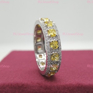4.64 Cts Yellow Cushion & Diamond Eternity Band Full Eternity Wedding Band Engagement Ring Stackable Mix Color Ring Minimalist Eternity Ring