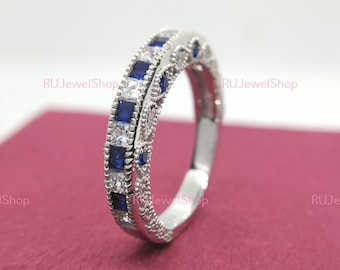 Antik art déco-vigselring med diamant och safir, stapelring, 10K/14K vitguldsring, vintagering, antik jubileumsring