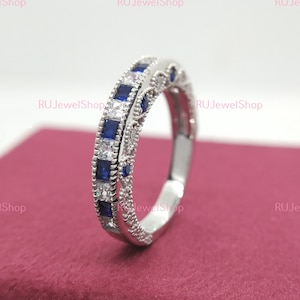 Antique Art Deco Diamond & Sapphire Wedding Band Ring Stacking Band 10K/14K White Gold Band Vintage Band Antique Band Anniversary Band Ring