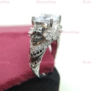 Black Skull Engagement Ring Princess Cut Moissanite Engagement Ring Two Tone Ring Gothic Promise Ring Diamond Wedding Ring Anniversary Gifts