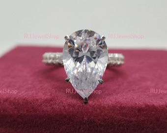 5.0 CT Pear Diamond Engagement Ring, Dainty Pear Diamond Wedding Ring, Pear Halo Engagement Ring 14K Gold Pear Wedding Ring Anniversary Ring
