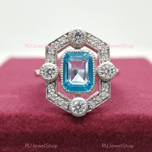 Antique 2.00 CT Emerald Cut Aquamarine Art Deco Ring Vintage Engagement Ring In 14K White Gold Aquamarine Wedding Ring Anniversary Gifts