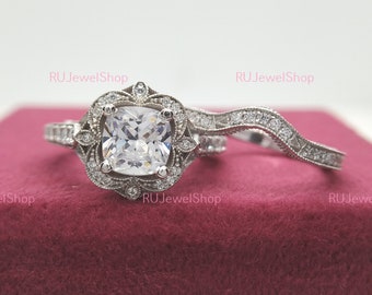 Antique Vintage 2.50 Ct Cushion Cut Moissanite Wedding Engagement Ring Set in 14K White Gold, Cushion Diamond Art Deco Antique Bridal Set