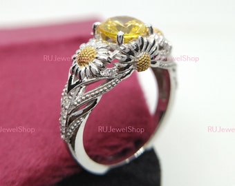 Vintage Flower Ring, 2.00 CT Yellow Round Cut Diamond Floral Engagement Ring In 14K White Gold Two Tone Ring, Wedding Ring Anniversary Gifts