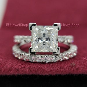 Solitaire Moissanite Wedding Ring Set, 2.00 CT Princess Cut Moissanite Ring, Pave Accent 14K White Gold Engagement Ring Set, Bridal Ring Set