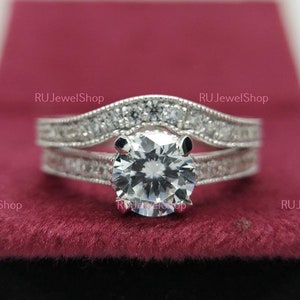 1.00 Ct Round Cut Diamond Vintage Curved Band Bridal Set Engagement Ring Art Deco Ring Set Solid 14k White Gold Diamond Wedding Ring Sets