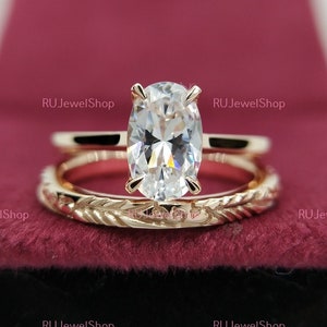14K Rose Gold Ring Set, Oval Engagement Ring Set, 5x8MM Delicate Oval Solitaire Ring, With Plain Gold Wedding Band Bridal Set, Promise Ring