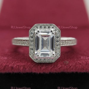 14k Gold Vintage Emerald Cut Moissanite Engagement Ring Halo Emerald Ring Unique Wedding Ring For Her Emerald Diamond Anniversary Ring Gift