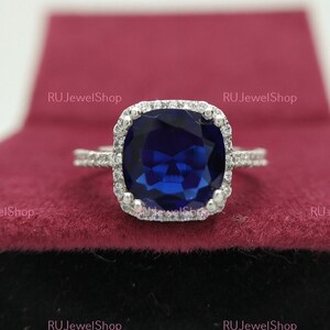 Sapphire Ring, Cushion Cut Engagement Ring, Solid 14K White Gold, Halo Ring, 3 Ct Cushion Cut Ring, September Birthstone, Gifts For Women