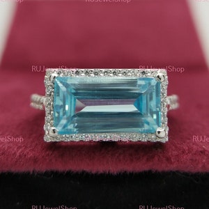 Aquamarine ring emerald cut aquamarine diamond east west ring aqua gemstone ring, halo engagement ring unique anniversary ring for womens