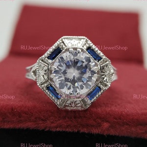 Bague de fiançailles victorienne de 2,43 carats avec diamants ronds et saphirs, bague art déco en argent sterling 925, bague ancienne de mariage, bijoux anciens