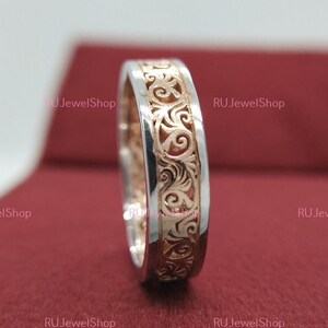 Vintage Wedding Band Ring Eternity Band, Stacking Band Two Tone Rings Unique Victorian Pattern Band, Anniversary Ring For Women, Bridal Band