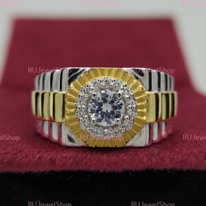 1.00 Ct Round Cut Moissanite Mens Ring, Unique Two Tone Ring, Engagement Ring, Pave Set Men's Ring, Colorless Moissanite Ring, Wedding Rings