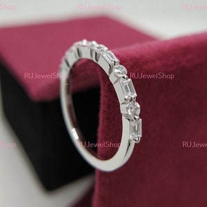 0.64 TCW Baguette and Round Diamond Wedding Band, Half Eternity Band, Solid 14K White Gold Band, Stackable Band, Anniversary Gifts For Her
