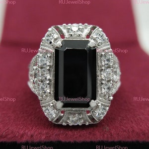 Black Onyx Ring Vintage Diamond Solid 925 Sterling Silver Art Deco Flower Ring Handmade Ring Bridal Anniversary Gift, Antique Cocktail Ring
