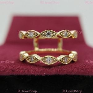 Bague de protection enveloppante antique, bague de protection rehaussée, bague diamant rond bague de protection enveloppante diamantée mariage bague de mariage plaqué or jaune 14 carats