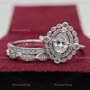 3PCS Bridal Set, Oval Moissanite Vintage Bridal Set Diamond Engagement Ring Art Deco Halo Ring Set Diamond Wedding Ring With 2 Matching Band