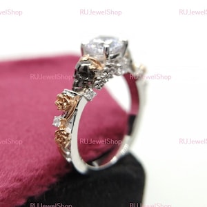 Bague tête de mort avec fleur, bague de fiançailles tête de mort ronde, bague de fiançailles en moissanite, bague de promesse gothique, bague de mariage en diamant, cadeau d&#39;anniversaire