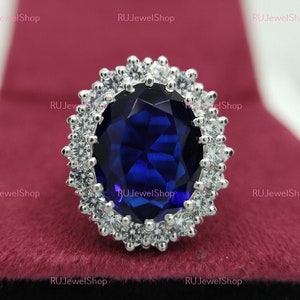 Anillo de zafiro real, inspirado en la princesa Diana, el príncipe Carlos y el anillo de la princesa Diana, anillo de compromiso con zafiro y diamantes en plata