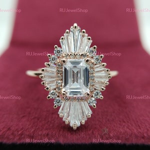 Star Burst Emerald Engagement Ring, Sun Burst Halo Emerald Moissanite Engagement Ring, Anniversary Ring, 14k Rose Gold Plated, Wedding Ring