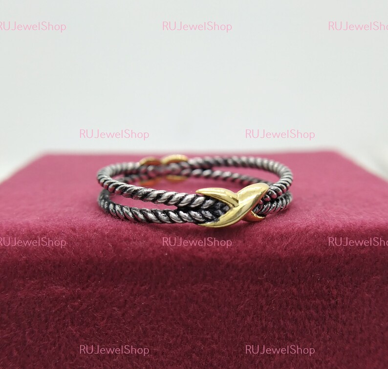 Antique Rope Ring, Vintage X Ring, Crossover Gold 925 Sterling Silver ...