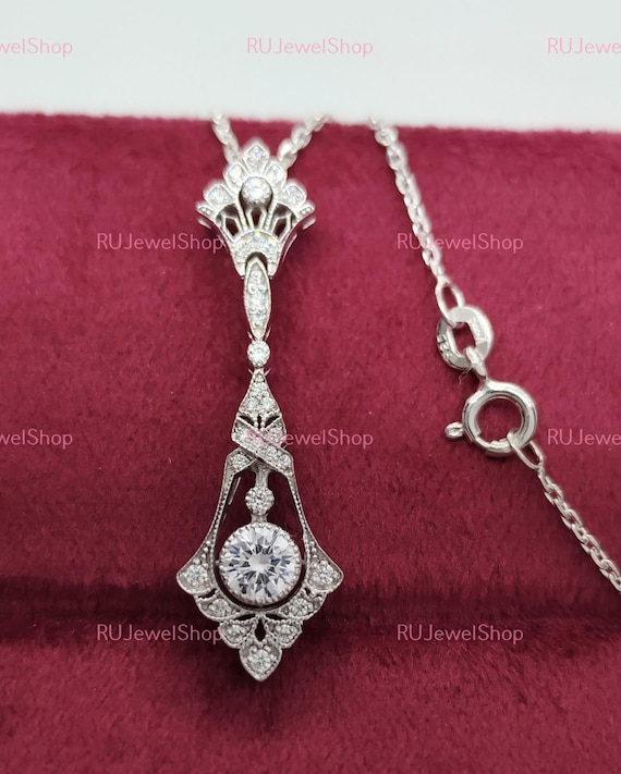 Art Deco Vintage Pendant, Antique Pendant Necklace, Round Moissanite Edwardian Pendant, Art Deco Pendant Necklace, Antique Wedding Pendant