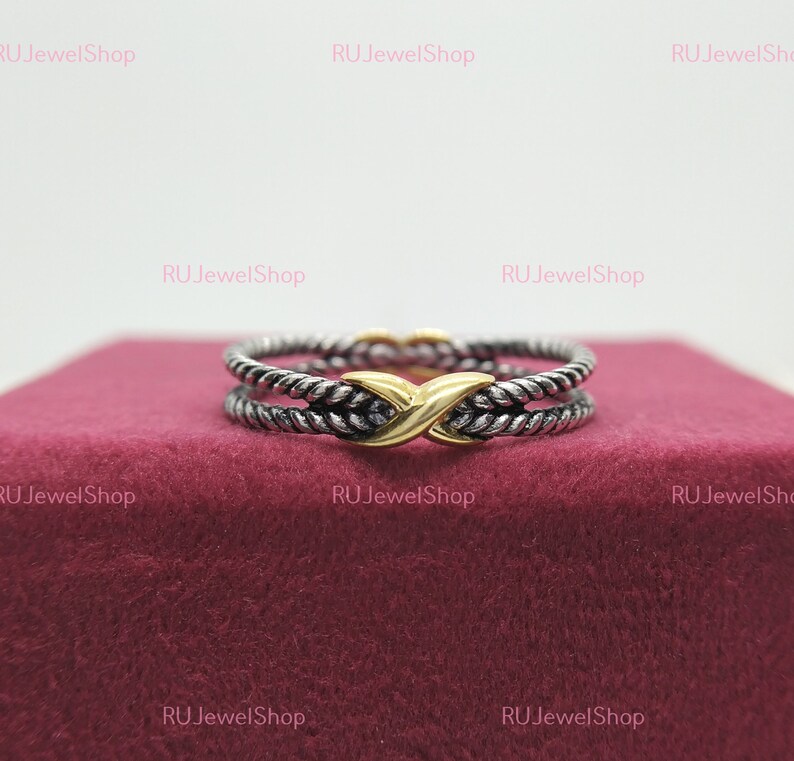 Antique Rope Ring, Vintage X Ring, Crossover Gold 925 Sterling Silver ...