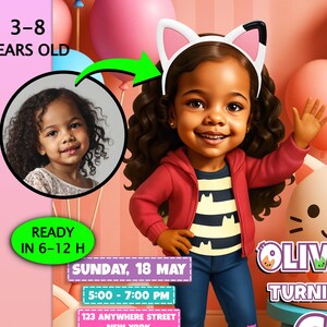 Faire-part d'anniversaire Black Gabby • Portrait de dessin animé 3D personnalisé • Faire-part maison de poupée pour filles noires • Faire-part personnalisé Black Gabby à partir d'une photo